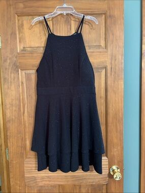Three Pink Hearts Black Sparkly Strappy Dress